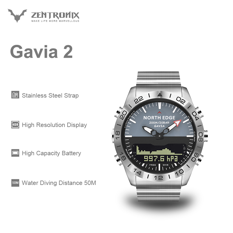 (Stainless Steel Version) North Edge Gavia 2 Men Dive Sports Digital watch Mens Watches Military Army Luxury Full Steel Business Waterproof 200m Altimeter Compass