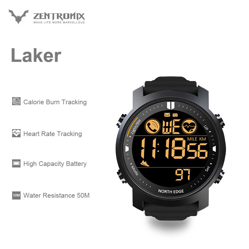 North Edge Laker Men's Digital Watch Military Waterproof 50M Running Sports Pedometer Stopwatch Watch Heart Rate Wristband Android IOS